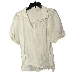 Anthropologie Collared Contrast Stitch Linen Blouse White Boho V Neck - Medium